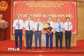 Lãnh đạo tỉnh Cao Bằng chúc mừng ông Vũ Đình Quang được bầu làm Phó Chủ tịch UBND tỉnh, nhiệm kì 2021-2026. (Ảnh: Chu Hiệu/TTXVN)