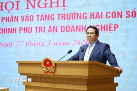 Thủ tướng Phạm Minh Chính phát biểu tại Hội nghị Doanh nghiệp góp phần vào tăng trưởng hai con số và tri ân doanh nghiệp. (Ảnh: Dương Giang/TTXVN)