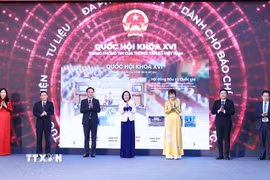 Phó Chủ tịch Quốc hội Nguyễn Thị Thanh và Tổng Giám đốc TTXVN Vũ Việt Trang cùng các đại biểu thực hiện nghi thức khai trương chuyên trang. (Ảnh: Minh Đức/TTXVN)