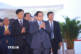 Thủ tướng Phạm Minh Chính dự khởi công Dự án đầu tư xây dựng Khu đô thị thể thao Olympic, Hà Nội. (Ảnh: Dương Giang/TTXVN)