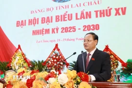 Tân Bí thư Tỉnh ủy Lai Châu Lê Minh Ngân phát biểu nhận nhiệm vụ. (Ảnh: Quý Trung/TTXVN)