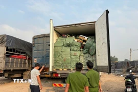 Lực lượng chức năng kiểm tra phát hiện 2 xe tải đông lạnh chứa hàng hóa không hóa đơn chứng từ chứng minh nguồn gốc xuất xứ. (Ảnh: TTXVN phát)