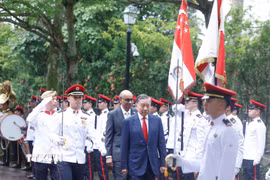 Tổng Bí thư, Chủ tịch nước Tô Lâm và Tổng thống Singapore Tharman Shanmugaratnam duyệt Đội danh dự. (Ảnh: Thống Nhất/TTXVN)