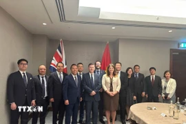 Thứ trưởng Nguyễn Hoàng Long và Quốc vụ khanh Douglas Alexander và đại diện các Bộ, ngành và Đại sứ quán hai nước chụp ảnh lưu niệm tại Khóa họp JETCO 14. (Ảnh: TTXVN phát)