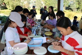 Các em nhỏ thực hành gói nem - món ăn đậm bản sắc Việt. (Ảnh: Thanh Tú/TTXVN)