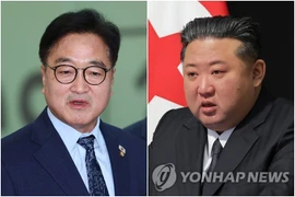 Chủ tịch Quốc hội Hàn Quốc Woo Won Shik và nhà lãnh đạo Triều Tiên Kim Jong Un. (Nguồn: Yonhap)