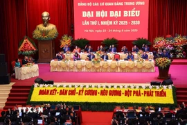 Các đại biểu biểu quyết thông qua Nghị quyết Đại hội Đảng bộ các cơ quan Đảng Trung ương lần thứ nhất, nhiệm kỳ 2025-2030. (Ảnh: Văn Điệp/TTXVN)