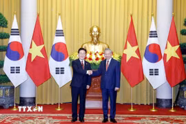 Tổng Bí thư, Chủ tịch nước Tô Lâm và Tổng thống Hàn Quốc Lee Jae Myung chụp ảnh chung. (Ảnh: Thống Nhất/TTXVN)