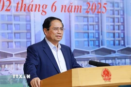 Thủ tướng Phạm Minh Chính chủ trì Hội nghị triển khai Nghị quyết của Quốc hội về thí điểm một số cơ chế, chính sách đặc thù phát triển nhà ở xã hội. (Ảnh: Dương Giang/TTXVN)