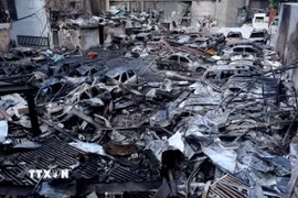 Cảnh đổ nát sau cuộc không kích của Israel tại Beirut, Liban. (Ảnh: THX/TTXVN)