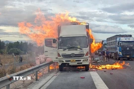 Xe tải bốc cháy khi đang lưu thông trên cao tốc Vĩnh Hảo-Phan Thiết (Lâm Đồng). (Ảnh: TTXVN phát)