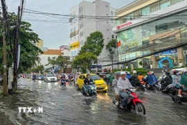 Mưa to gây ngập trên đường Cách Mạng Tháng Tám, quận Ninh Kiều, Cần Thơ. (Ảnh: Thanh Liêm/TTXVN)