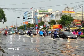 Trận mưa to trong thời gian ngắn gây ngập trên đường Nguyễn Văn Cừ. (Ảnh: Thanh Liêm/TTXVN)