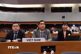 Đại sứ Phạm Việt Hùng (ngồi giữa) tại phiên thảo luận. (Ảnh: Đỗ Sinh/TTXVN)