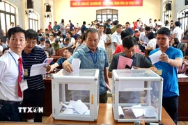 Nhà đầu tư tham gia bỏ giá theo phương thức bỏ giá lên cho mỗi ô đất tại phiên đấu giá đất ở xã Triệu Việt Vương (Hưng Yên). (Ảnh: Mạnh Khánh/TTXVN)