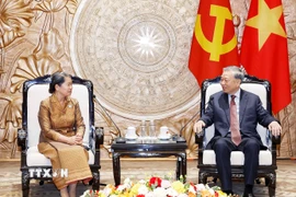 Tổng Bí thư Tô Lâm tiếp bà Men Sam An, Phó Chủ tịch Đảng Nhân dân Campuchia, Chủ tịch Hội đồng Quốc gia Mặt trận Đoàn kết Phát triển Tổ quốc Campuchia. (Ảnh: Thống Nhất/TTXVN)
