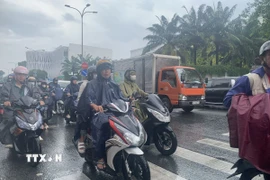 Các phương tiện lưu thông trên đường Hoàng Văn Thụ (phường Đức Nhuận) dưới cơn mưa trái mùa sáng 26/2/2026. (Ảnh: Hồng Đạt/TTXVN)