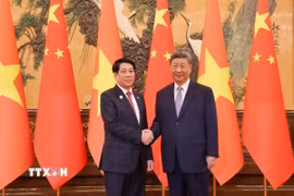 Tổng Bí thư, Chủ tịch nước Trung Quốc Tập Cận Bình đón Chủ tịch nước Lương Cường. (Ảnh: Lâm Khánh/TTXVN)