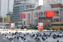 Quảng trường 2 tháng 4, đường Trần Phú (phường Nha Trang) rực đỏ màu cờ và các panô tuyên truyền về Đại hội Đảng. (Ảnh Đặng Tuấn/TTXVN)