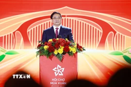 Thủ tướng Phạm Minh Chính phát biểu bế mạc Hội chợ mùa Xuân lần thứ nhất - năm 2026. (Ảnh: Dương Giang/TTXVN)
