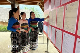 Khu vực niêm yết danh sách ứng cử viên được các cử tri các xã vùng cao biên giới quan tâm tìm hiểu. (Ảnh: Khiếu Tư/TTXVN)