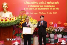 Chủ tịch nước Lương Cường trao Huy hiệu 40 năm tuổi Đảng tặng đồng chí Lê Khánh Hải. (Ảnh: Lâm Khánh/TTXVN)