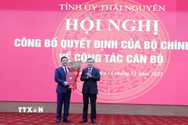 Ông Nguyễn Quang Dương, Phó trưởng Ban Tổ chức Trung ương trao quyết định cho ông Vương Quốc Tuấn. (Ảnh: Hoàng Nguyên/TTXVN)