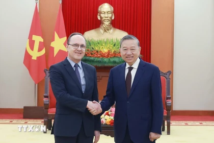 Tổng Bí thư Tô Lâm tiếp Đại sứ Liên bang Nga tại Việt Nam Gennady Bezdetko. (Ảnh: Thống Nhất/TTXVN)