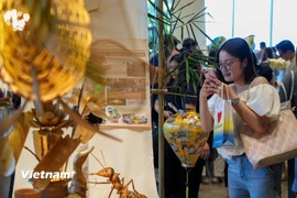 Người dân thích thú với những món quà lưu niệm độc đáo làm từ tre mây tại các gian hàng. (Ảnh: Thanh Phong/Vietnam+)