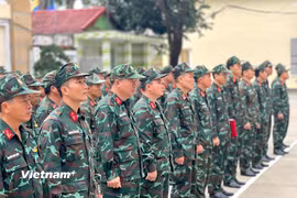 Cán bộ, chiến sỹ Bộ Chỉ huy quân sự thành phố Đà Nẵng sẵn sàng lên đường thực hiện nhiệm vụ giúp Nhân dân dựng lại nhà cửa. (Ảnh: Thanh Phong/Vietnam+)