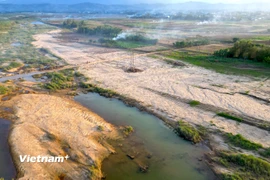 Những dải cát bồi lấp kéo dài xen dòng nước, cho thấy mức độ thiệt hại lớn của nông dân xã Gò Nổi (Đà Nẵng) sau đợt mưa lũ kéo dài ở miền Trung vừa qua. (Ảnh: Thanh Phong/Vietnam+)