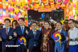 Bà Nguyễn Thị Anh Thi (áo dài), Phó Chủ tịch Ủy ban nhân dân thành phố Đà Nẵng và ông Han Jung-il (ở giữa đeo kính), Tổng Lãnh sự Hàn Quốc tại Đà Nẵng chụp hình chung với các đại biểu. (Ảnh: Thanh Phong/Vietnam+)