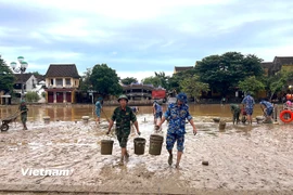 Hơn 400 cán bộ, chiến sỹ của Bộ Chỉ huy Quân sự thành phố Đà Nẵng và Sư đoàn Phòng không 375 hót dọn bùn đất phố cổ Hội An. (Ảnh: Thanh Phong/Vietnam+)