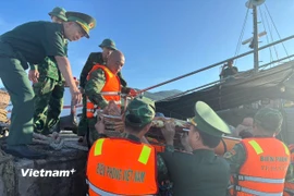 Thuyền viên bị nạn được Hải đội Biên phòng 2, Bộ đội Biên phòng Đà Nẵng đưa về bờ an toàn. (Ảnh: PV/Vietnam+)