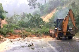 Sạt lở làm ách tắc hoàn toàn tuyến đường Hồ Chí Minh đoạn qua xã Phước Năng, Đà Nẵng. (Ảnh: PV/Vietnam+)