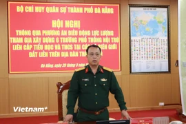 Đại tá Trần Hữu Ích, Chỉ huy trưởng Bộ Chỉ huy Quân sự thành phố Đà Nẵng chủ trì hội nghị thông qua phương án điều động lực lượng tham gia xây dựng 6 trường liên cấp tại biên giới Đà Nẵng. (Ảnh: Thanh Phong/Vietnam+)