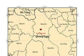 Vị trí xảy ra động đất 4,0 độ sáng 21/2 ở xã Măng Đen, tỉnh Quảng Ngãi.