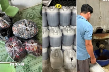 Hiện trường nơi các đối tượng sản xuất, chế biến cà phê bột giả. (Ảnh: TTXVN phát)