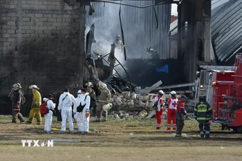 Lực lượng chức năng làm nhiệm vụ tại hiện trường vụ rơi máy bay ở bang Estado de México, Mexico. (Ảnh: THX/TTXVN)