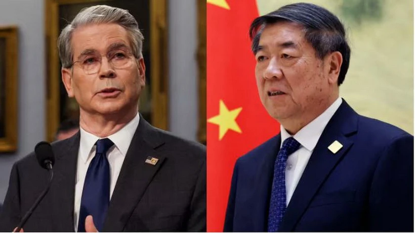 Phó Thủ tướng Trung Quốc Hà Lập Phong (phải) và Bộ trưởng Tài chính Mỹ Scott Bessent. (Nguồn: Reuters)
