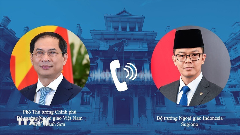 Phó Thủ tướng, Bộ trưởng Ngoại giao Bùi Thanh Sơn điện đàm với Bộ trưởng Ngoại giao Indonesia Sugion. (Ảnh: TTXVN phát)