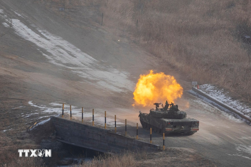 Xe tăng tham gia cuộc tập trận chung Hàn Quốc-Mỹ tại Pocheon, Hàn Quốc, ngày 10/2. (Ảnh: Yonhap/TTXVN)