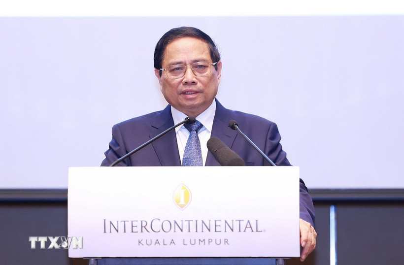 Thủ tướng Phạm Minh Chính phát biểu tại chương trình gặp gỡ doanh nghiệp Việt Nam-Malaysia. (Ảnh: Dương Giang/TTXVN)