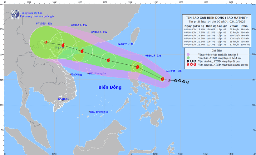 Vị trí và đường đi dự kiến của bão Matmo. (Nguồn: Trung tâm Dự báo Khí tượng Thủy văn Quốc gia)