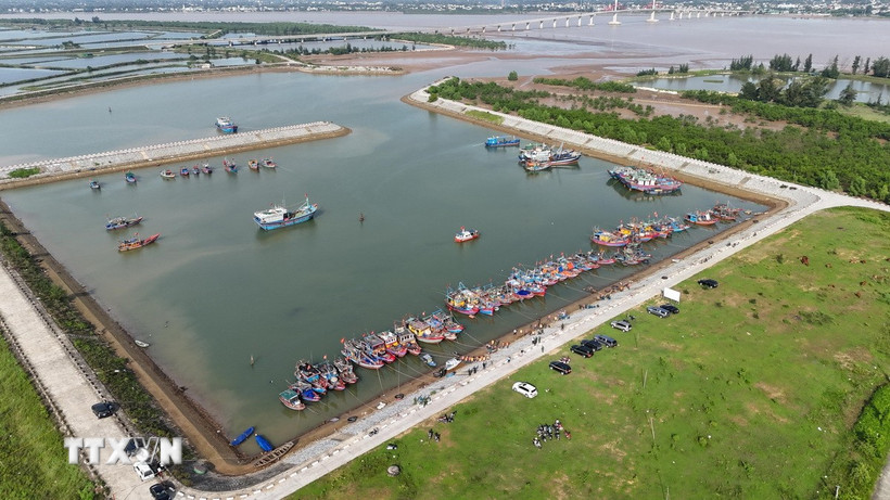 Khu neo đậu tránh trú bão Cửa Hội (xã Đan Hải, Hà Tĩnh) hiện có hàng trăm tàu thuyền đã vào neo đậu. (Ảnh: Hữu Quyết/TTXVN)