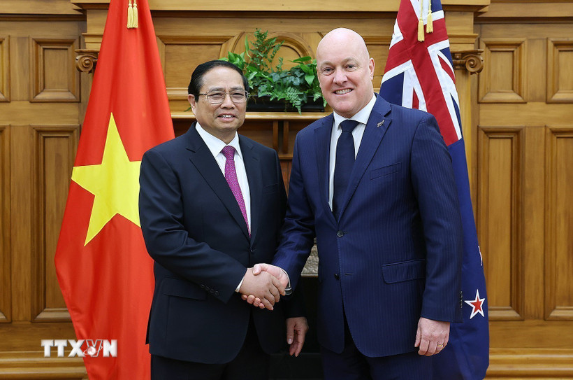 Thủ tướng Phạm Minh Chính và Thủ tướng New Zealand Christopher Luxon tại Hà Nội chiều 26/2/2025. (Ảnh: Dương Giang/TTXVN)