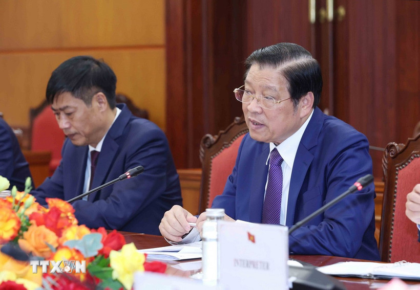 Ông Phan Đình Trạc, Ủy viên Bộ Chính trị, Bí thư Trung ương Đảng, Trưởng Ban Nội chính Trung ương phát biểu tại buổi tiếp. (Ảnh: Phương Hoa/TTXVN)