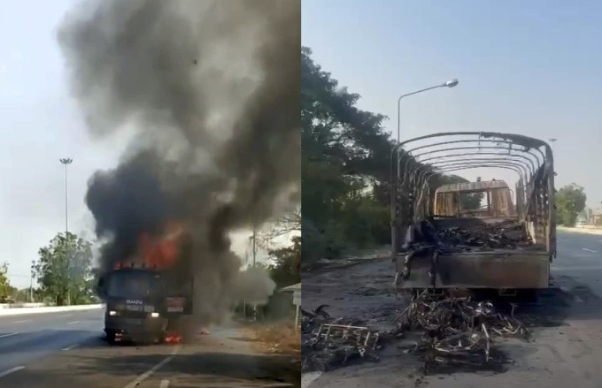 Hiện trường chiếc xe tải chở xe đạp và trang thiết bị phục vụ thi đấu của Đội tuyển Xe đạp Việt Nam bị cháy rụi. (Ảnh: Facebook)