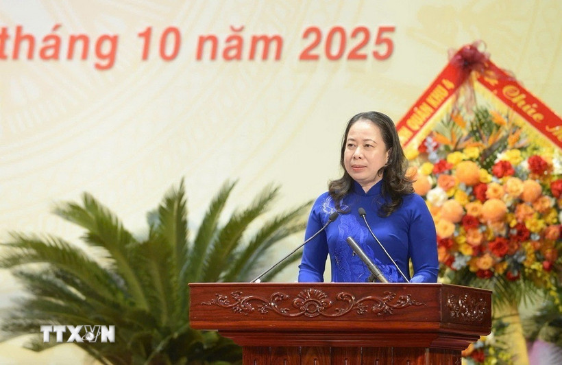 Phó Chủ tịch nước, Phó Chủ tịch thứ nhất Hội đồng Thi đua-Khen thưởng Trung ương Võ Thị Ánh Xuân phát biểu chỉ đạo Đại hội. (Ảnh: Việt Hoàng/TTXVN)