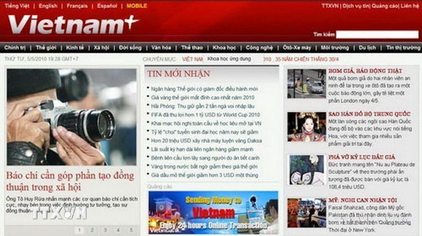 Ngày 5/5/2010, báo điện tử VietnamPlus chính thức chạy phiên bản web cho điện thoại di động và trở thành báo điện tử đầu tiên ở Việt Nam hoạt động trên tất cả các nền tảng website, mobile web và ứng dụng cho điện thoại di động. (Ảnh chụp màn hình)